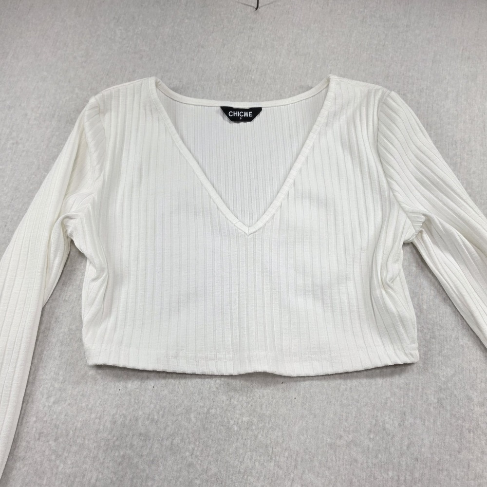 CHICME White Ribbed V-Neck Long Sleeve Crop Top Size S Coquette Y2K Going Out - Picture 2 of 9